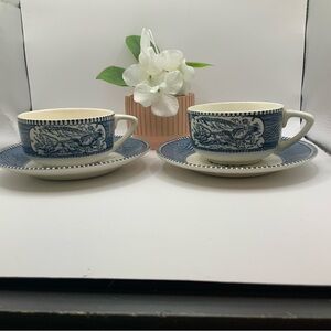 Royal China Vintage Currier & Ives Pattern Horse & Buggy Teacups Saucers
